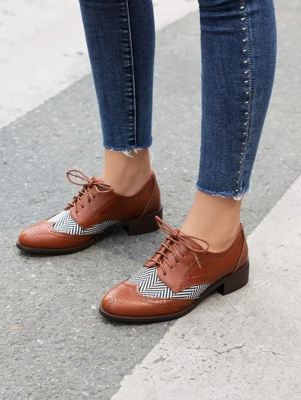 100FIXEO Women Wingtip Lace Up Vintage Oxford Shoes Brogues