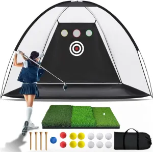 10x7FT Golf Net with Tri-Turf Mat, Hitting & Chipping Aid for Backyard/Indoor Training, Includes Target, Balls, Tee, Bag – Perfect Golf Practice Net for Driving