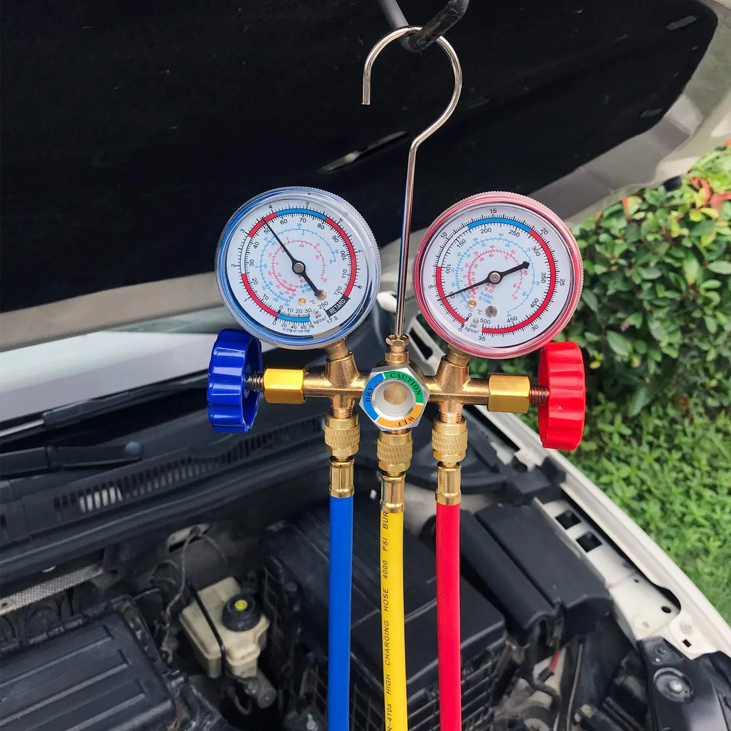 3 Way AC Manifold Diagnostic Gauge Refrigerant Charging Set for Air Conditioner HVAC R134a R404a Freon with 5FT Hose R134a Quick Couplers Can Tap Adapter Valve Core Tool Kit