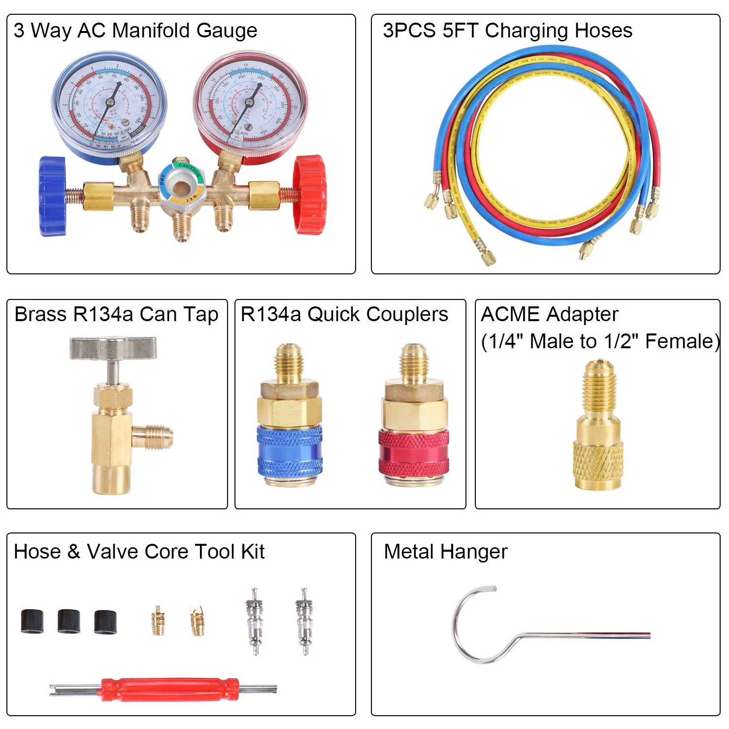 3 Way AC Manifold Diagnostic Gauge Refrigerant Charging Set for Air Conditioner HVAC R134a R404a Freon with 5FT Hose R134a Quick Couplers Can Tap Adapter Valve Core Tool Kit