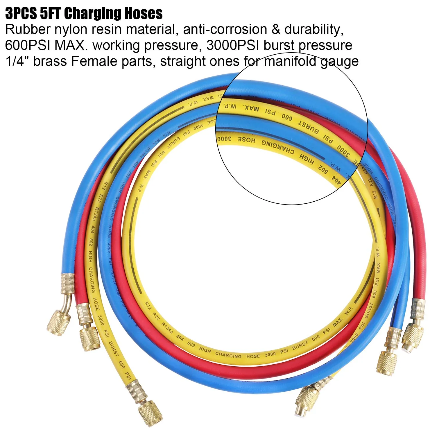 3 Way AC Manifold Diagnostic Gauge Refrigerant Charging Set for Air Conditioner HVAC R134a R404a Freon with 5FT Hose R134a Quick Couplers Can Tap Adapter Valve Core Tool Kit