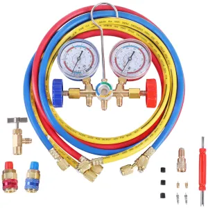 3 Way AC Manifold Diagnostic Gauge Refrigerant Charging Set for Air Conditioner HVAC R134a R404a Freon with 5FT Hose R134a Quick Couplers Can Tap Adapter Valve Core Tool Kit