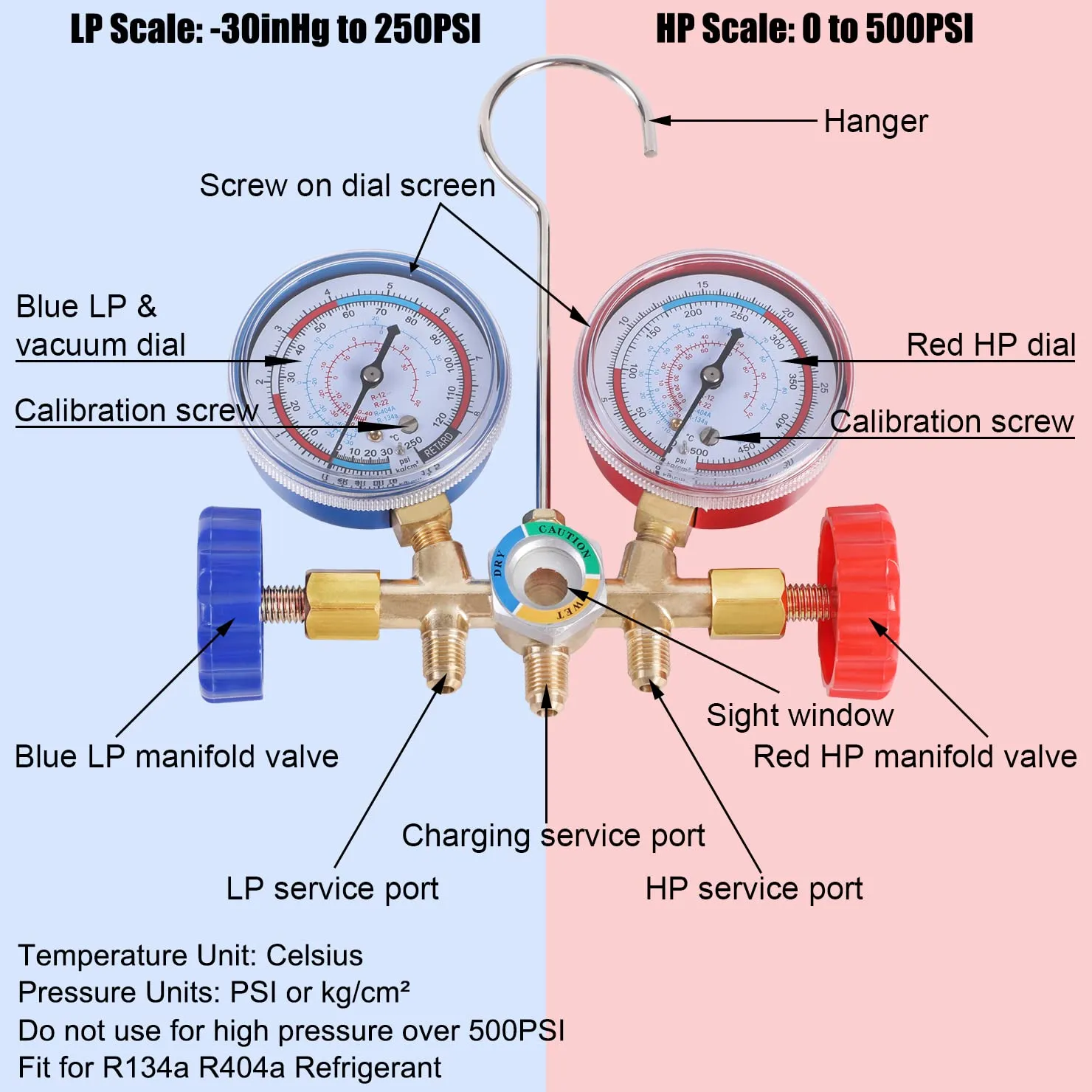 3 Way AC Manifold Diagnostic Gauge Refrigerant Charging Set for Air Conditioner HVAC R134a R404a Freon with 5FT Hose R134a Quick Couplers Can Tap Adapter Valve Core Tool Kit