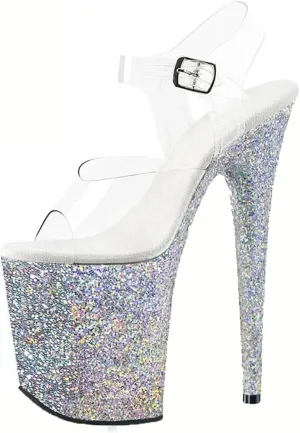 8In Sequins Stiletto Platform Sandals Women's Crystal Stage Heels With Adjustable Ankle Strap