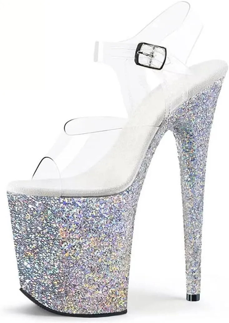 8In Sequins Stiletto Platform Sandals Women's Crystal Stage Heels With Adjustable Ankle Strap