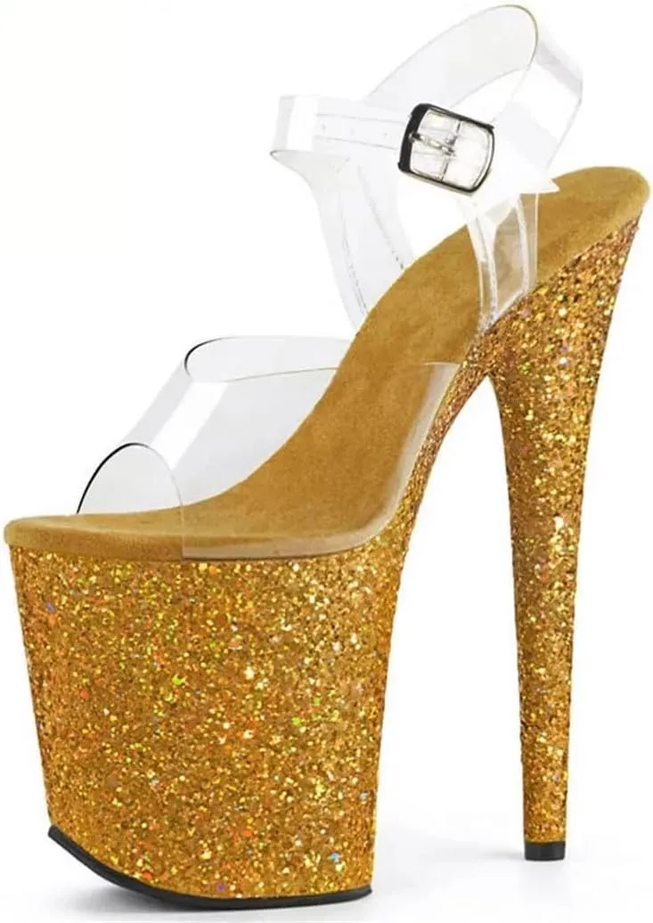 8In Sequins Stiletto Platform Sandals Women's Crystal Stage Heels With Adjustable Ankle Strap