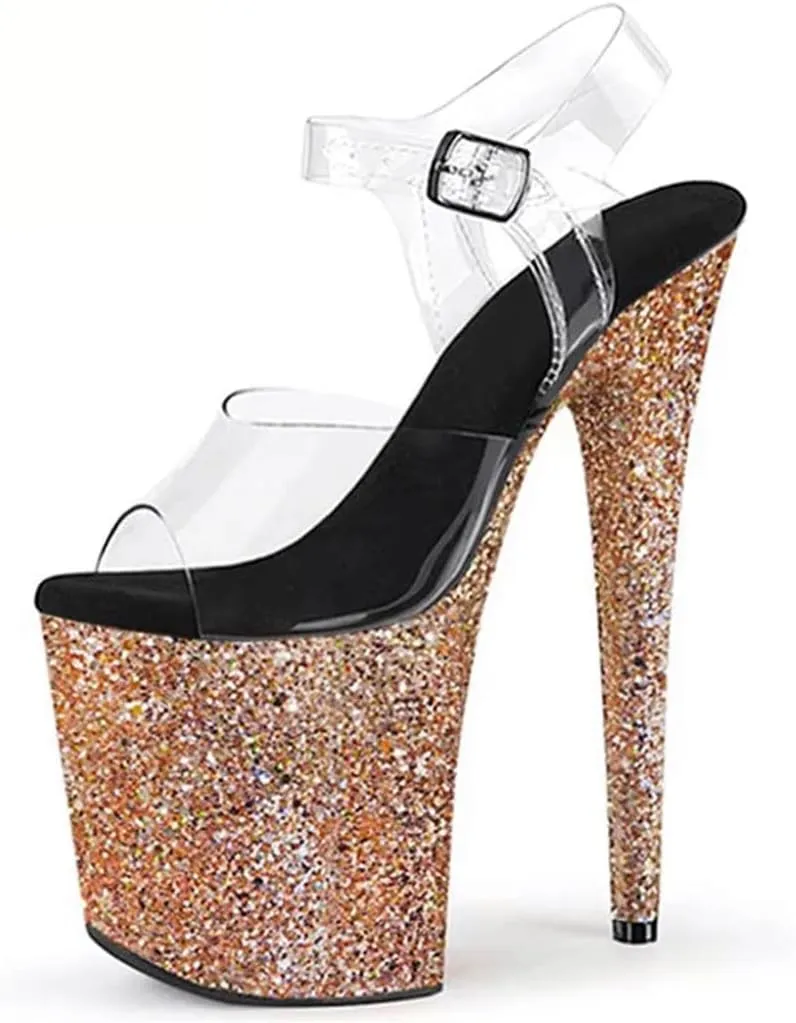 8In Sequins Stiletto Platform Sandals Women's Crystal Stage Heels With Adjustable Ankle Strap