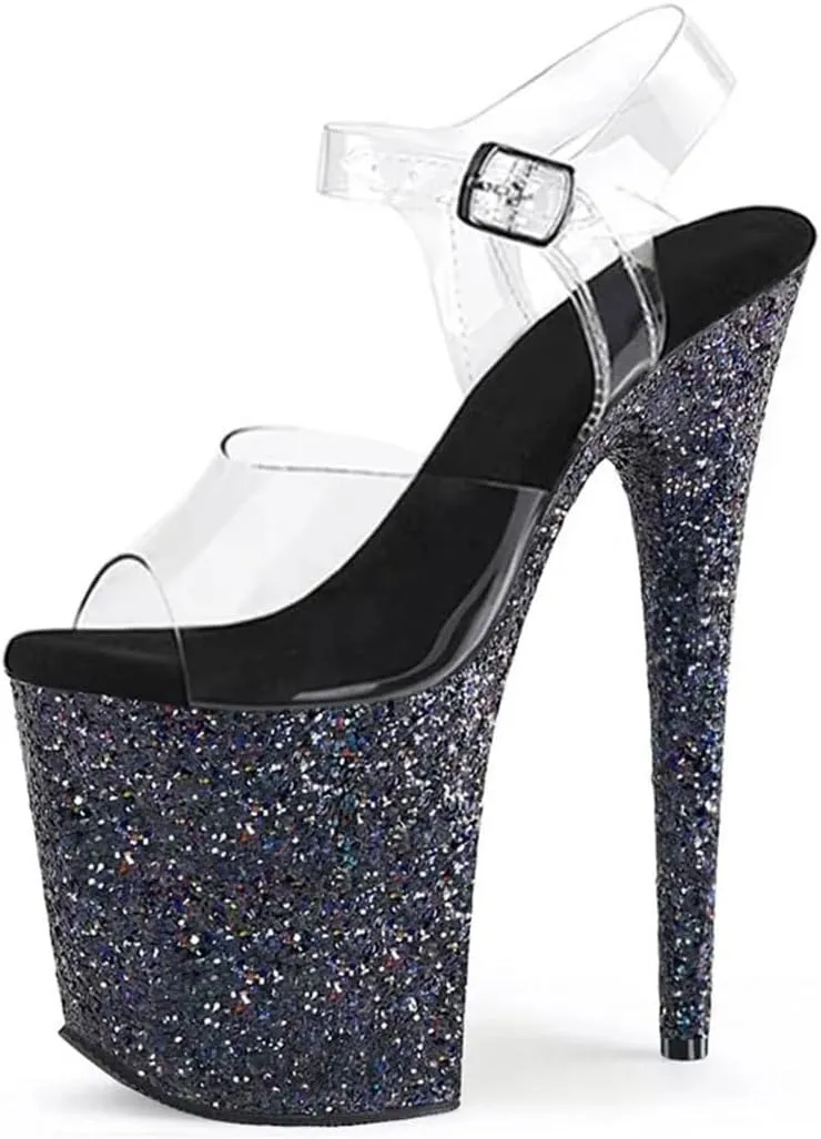 8In Sequins Stiletto Platform Sandals Women's Crystal Stage Heels With Adjustable Ankle Strap