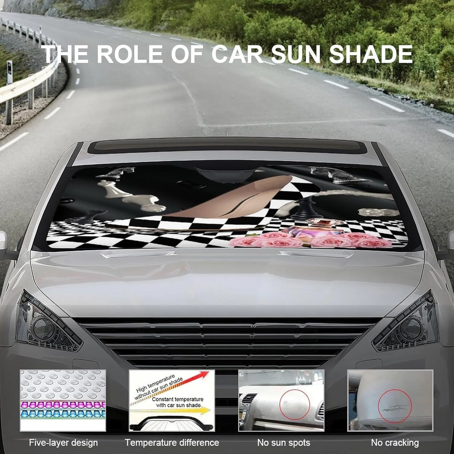 Abstract Modern Art High Heels Car Windshield Sun Shade Rustic Black White Plaid Makeup Theme High Heels Car Front Windshield Sunshade-30W x55L Inch