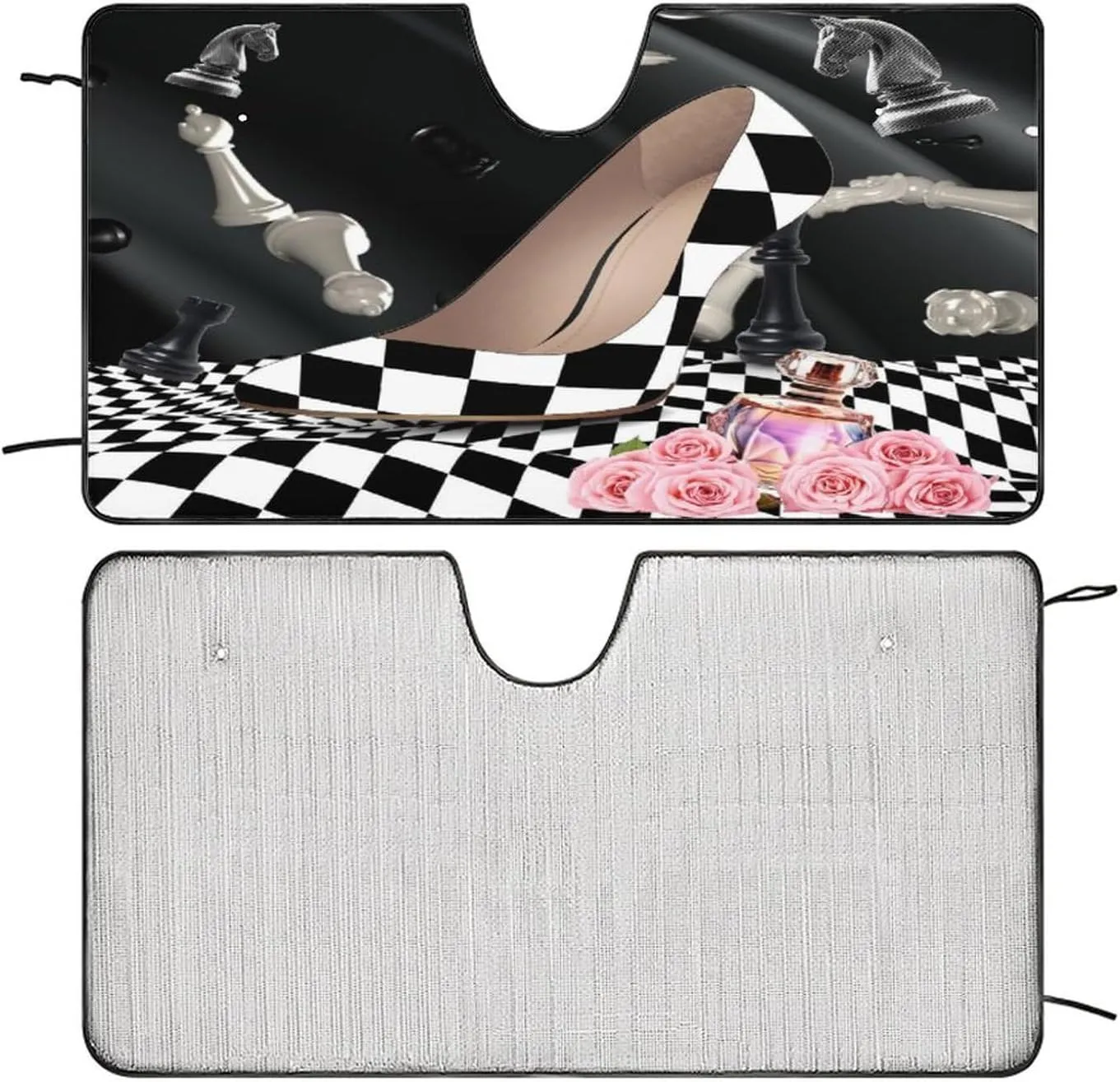 Abstract Modern Art High Heels Car Windshield Sun Shade Rustic Black White Plaid Makeup Theme High Heels Car Front Windshield Sunshade-30W x55L Inch