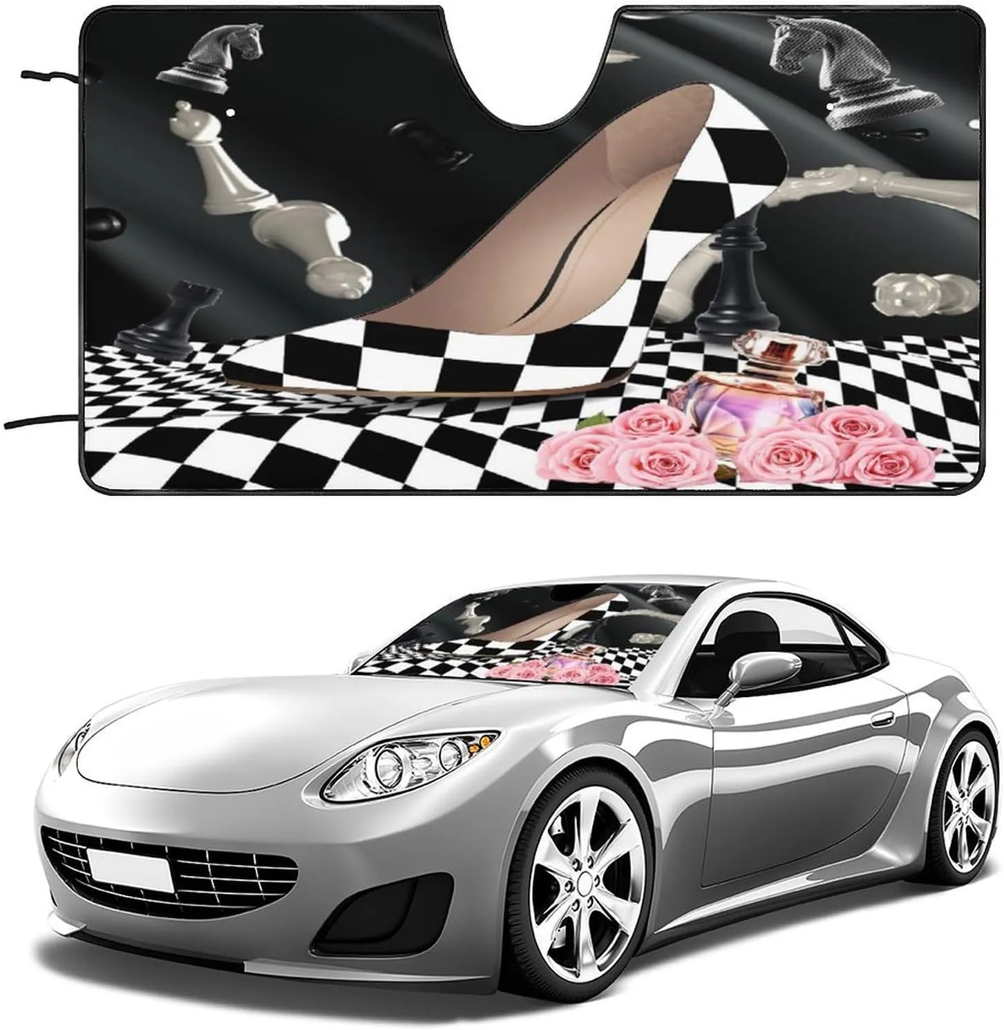 Abstract Modern Art High Heels Car Windshield Sun Shade Rustic Black White Plaid Makeup Theme High Heels Car Front Windshield Sunshade-30W x55L Inch