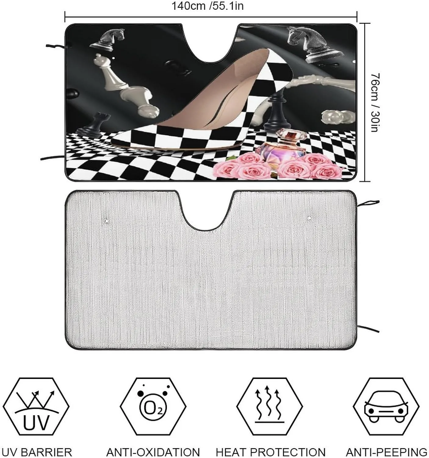 Abstract Modern Art High Heels Car Windshield Sun Shade Rustic Black White Plaid Makeup Theme High Heels Car Front Windshield Sunshade-30W x55L Inch
