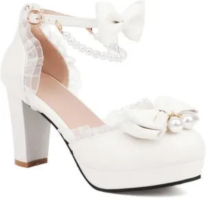 Aflngle Women's Bow Pearl Heels Mary Jane Pumps Round Toe Closed Platform Chunky Heel Ankle Strap Buckle Shoes Cute Sweet Lace Kawaii Lolita Princess Wedding Party Dress Shoes