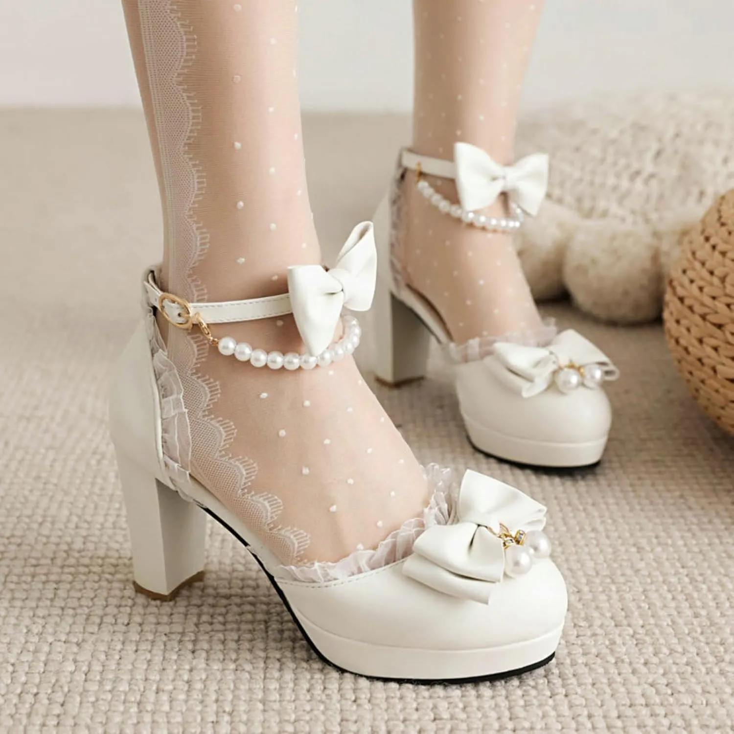 Aflngle Women's Bow Pearl Heels Mary Jane Pumps Round Toe Closed Platform Chunky Heel Ankle Strap Buckle Shoes Cute Sweet Lace Kawaii Lolita Princess Wedding Party Dress Shoes
