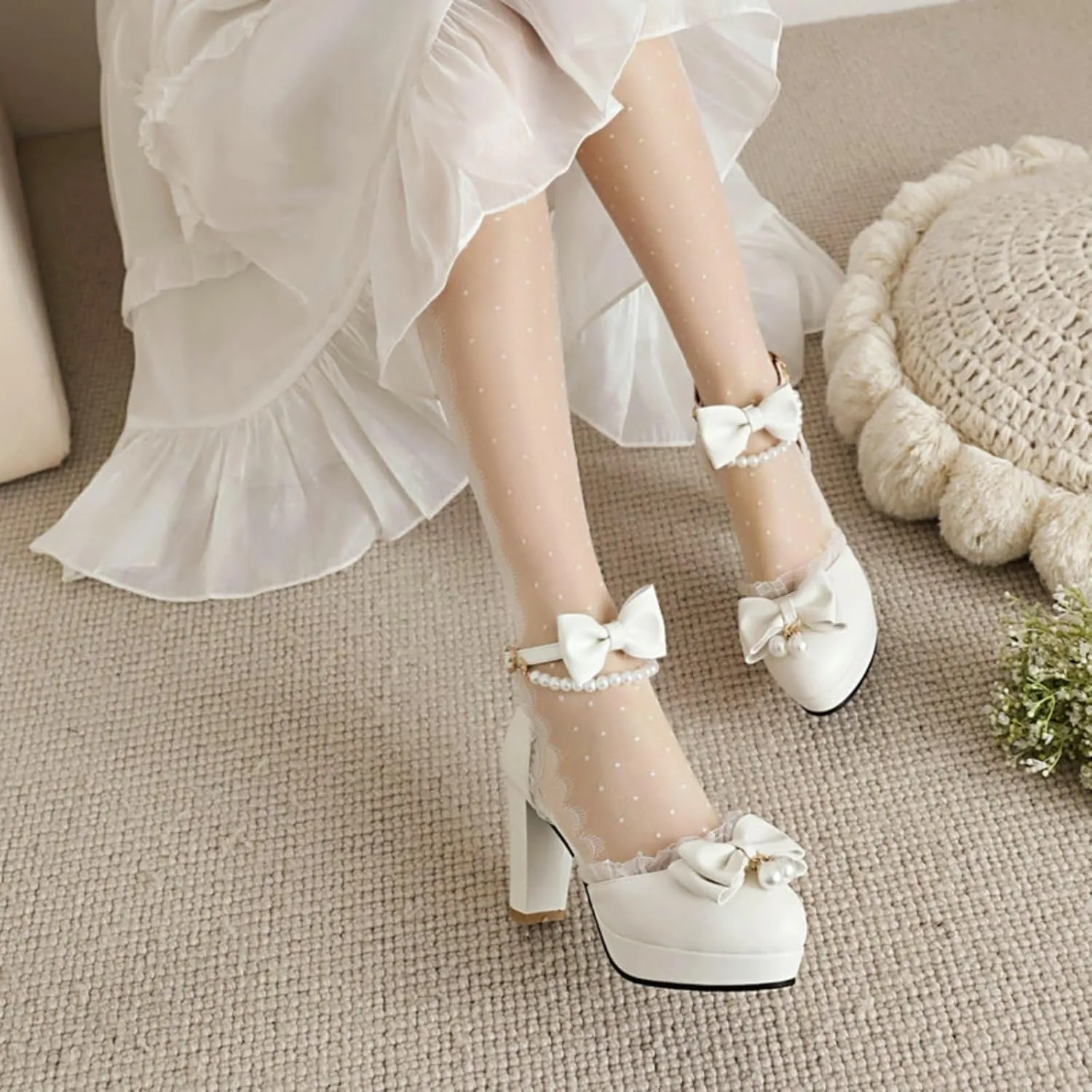 Aflngle Women's Bow Pearl Heels Mary Jane Pumps Round Toe Closed Platform Chunky Heel Ankle Strap Buckle Shoes Cute Sweet Lace Kawaii Lolita Princess Wedding Party Dress Shoes