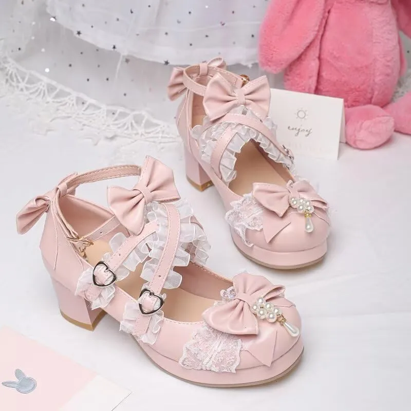 Agodor Women's Cute Bow High Heels Shoes Chunky Platform Mary Jane Cosplay Strappy Pumps Shoes