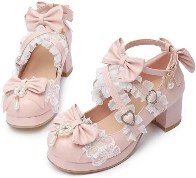 Agodor Women's Cute Bow High Heels Shoes Chunky Platform Mary Jane Cosplay Strappy Pumps Shoes