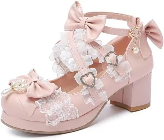 Agodor Women's Cute Bow High Heels Shoes Chunky Platform Mary Jane Cosplay Strappy Pumps Shoes