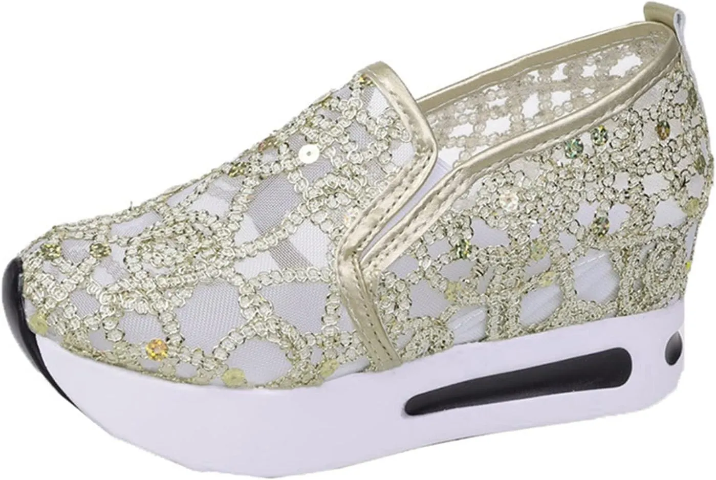 Aniywn Women's Slip-on Walking Shoes Mesh Breathable Sequins Platform Sneakers Summer High Heel Hidden Wedges Sneaker