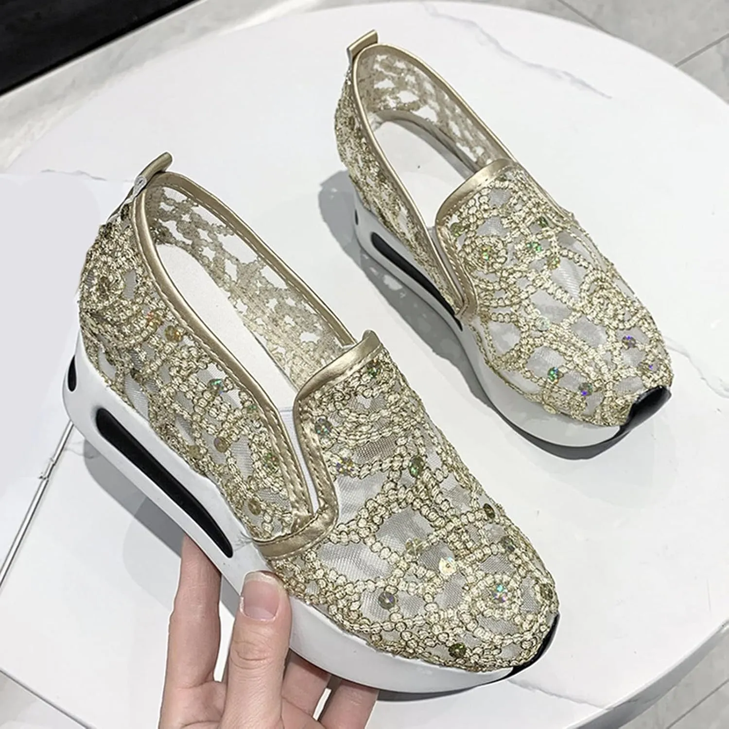 Aniywn Women's Slip-on Walking Shoes Mesh Breathable Sequins Platform Sneakers Summer High Heel Hidden Wedges Sneaker