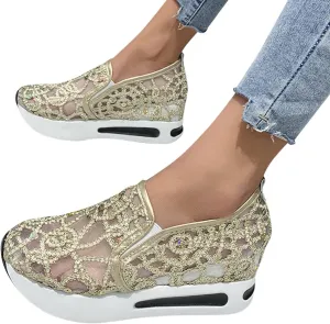 Aniywn Women's Slip-on Walking Shoes Mesh Breathable Sequins Platform Sneakers Summer High Heel Hidden Wedges Sneaker