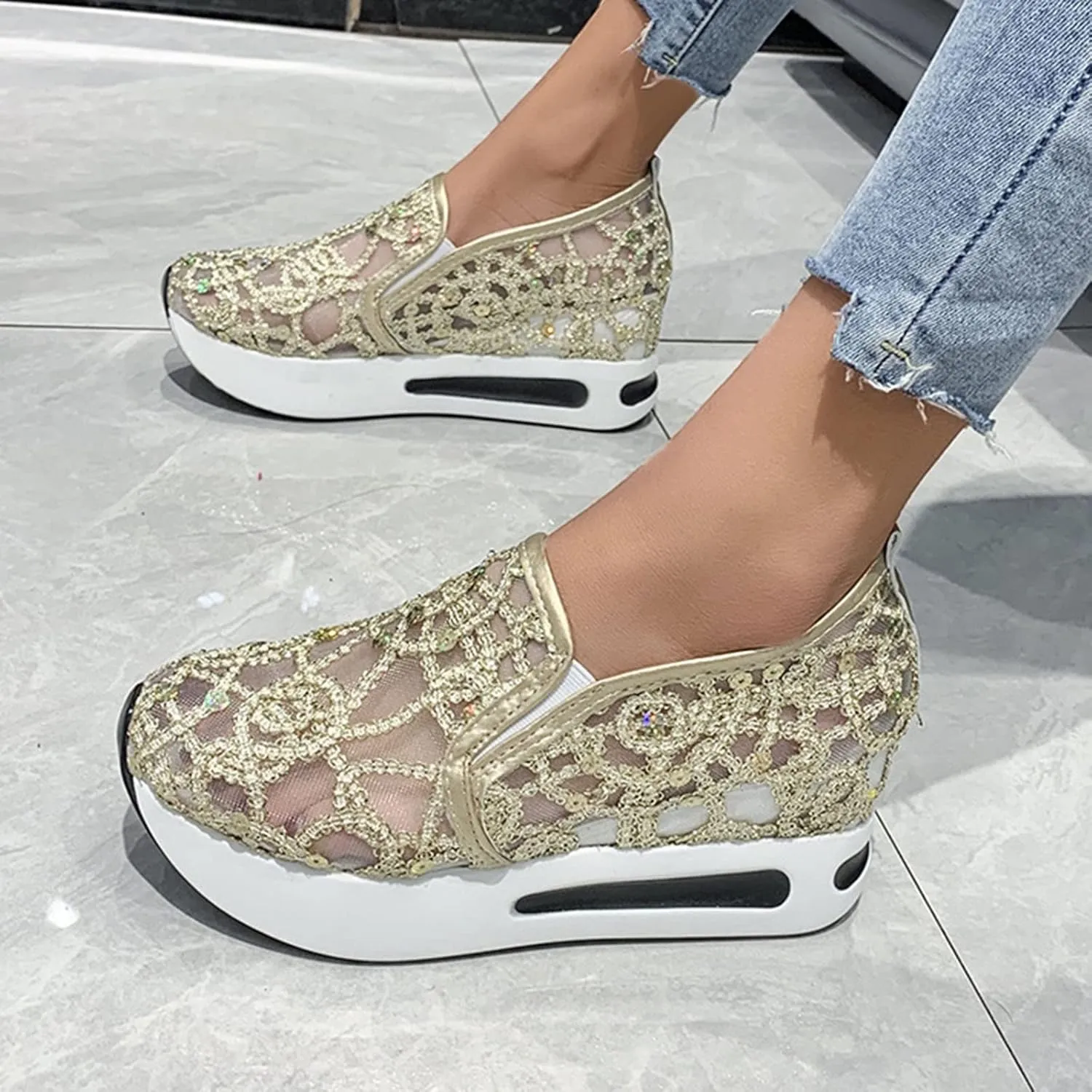 Aniywn Women's Slip-on Walking Shoes Mesh Breathable Sequins Platform Sneakers Summer High Heel Hidden Wedges Sneaker