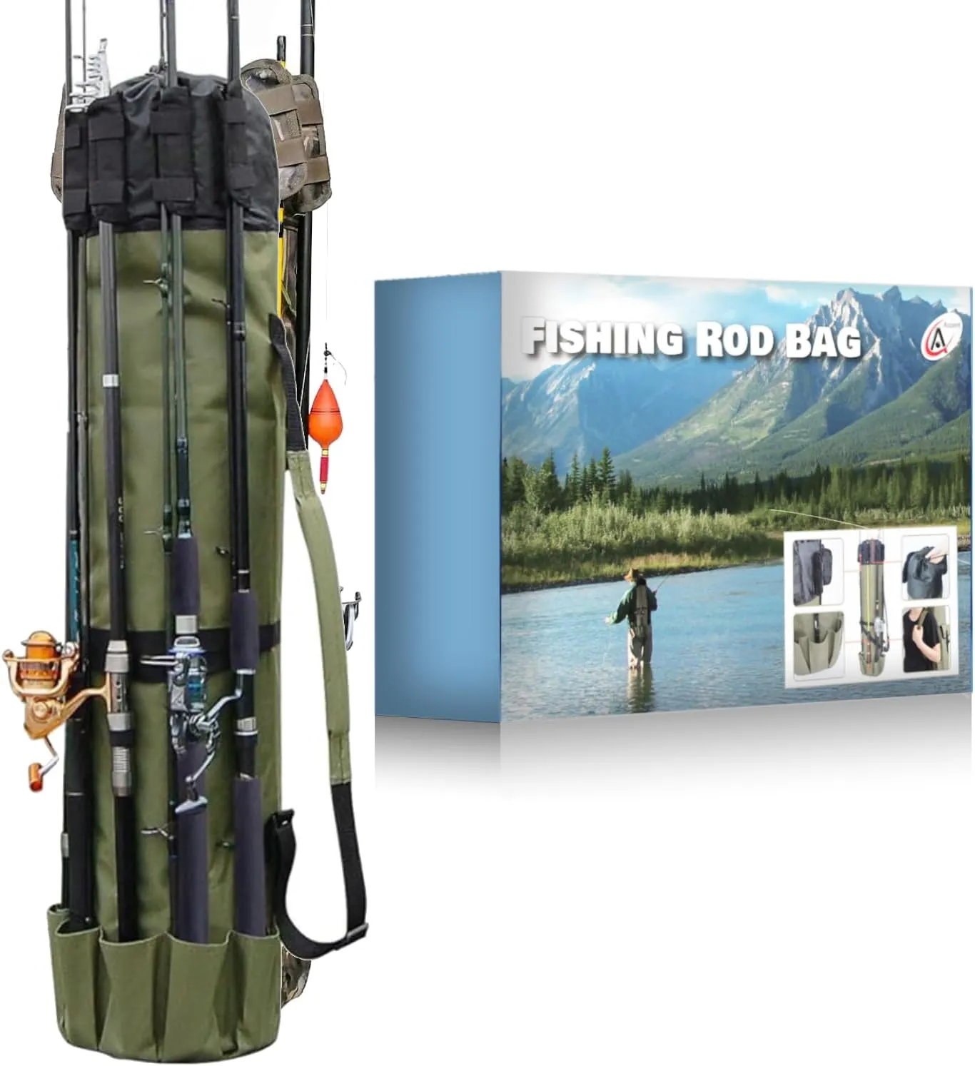 Ascent Fisherman's Gift Rod Carrier Fishing Reel and Tackle Bag Combo Organizer Gift Boxed - Travel Carry Case, Holds Five Poles and Tackle, Unique Gift Idea (Green)