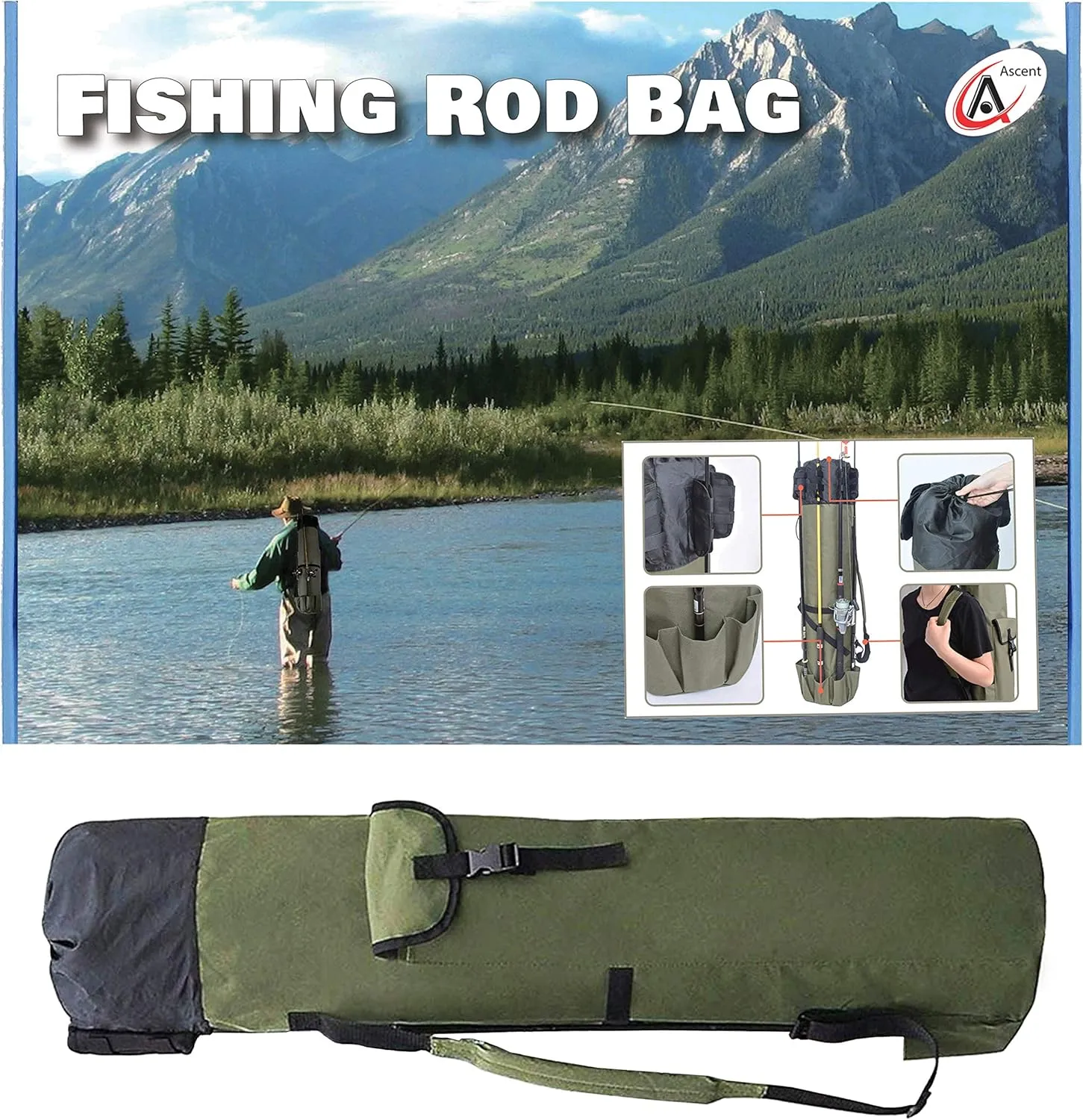 Ascent Fisherman's Gift Rod Carrier Fishing Reel and Tackle Bag Combo Organizer Gift Boxed - Travel Carry Case, Holds Five Poles and Tackle, Unique Gift Idea (Green)