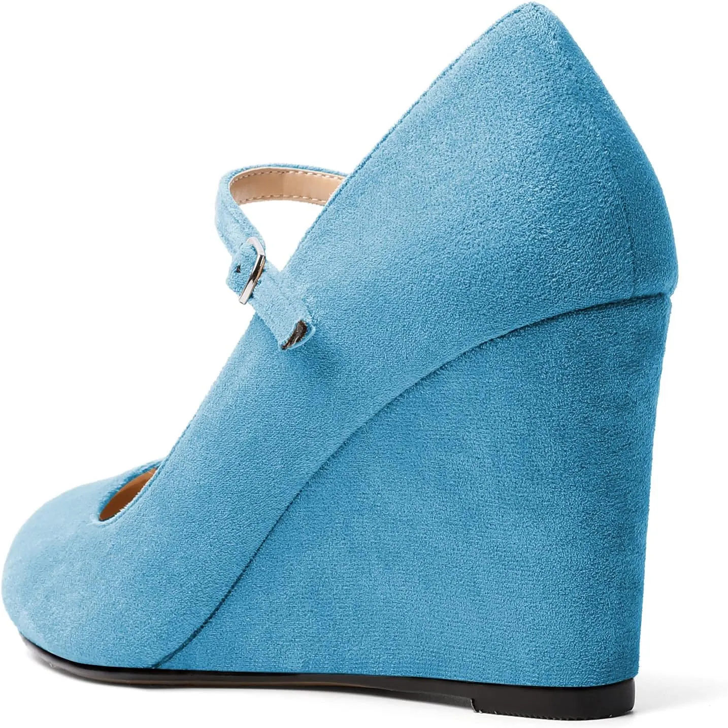 AUMOTED Women Wedge Round Toe Pumps High Heels Mary Jane Ankle Strap with Adjustable Buckle Wedding Party Dress Shoes 3.4 Inches