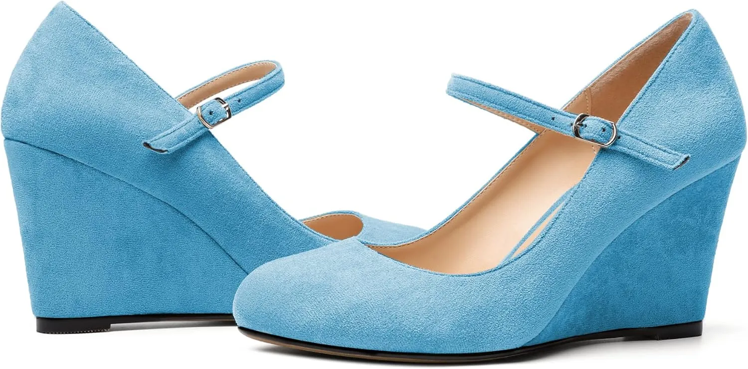 AUMOTED Women Wedge Round Toe Pumps High Heels Mary Jane Ankle Strap with Adjustable Buckle Wedding Party Dress Shoes 3.4 Inches