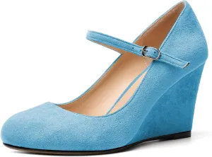 AUMOTED Women Wedge Round Toe Pumps High Heels Mary Jane Ankle Strap with Adjustable Buckle Wedding Party Dress Shoes 3.4 Inches