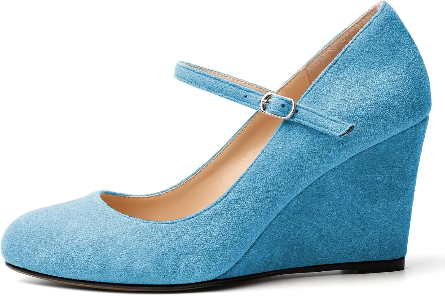 AUMOTED Women Wedge Round Toe Pumps High Heels Mary Jane Ankle Strap with Adjustable Buckle Wedding Party Dress Shoes 3.4 Inches