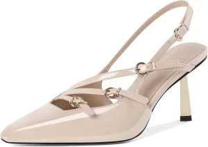 AUMOTED Women's Slingback Stiletto High Heels Closed Square Toe Metallic Buckle Pumps with Backless Strap Heeled Sandals 3 Inch Dress Pump Shoes