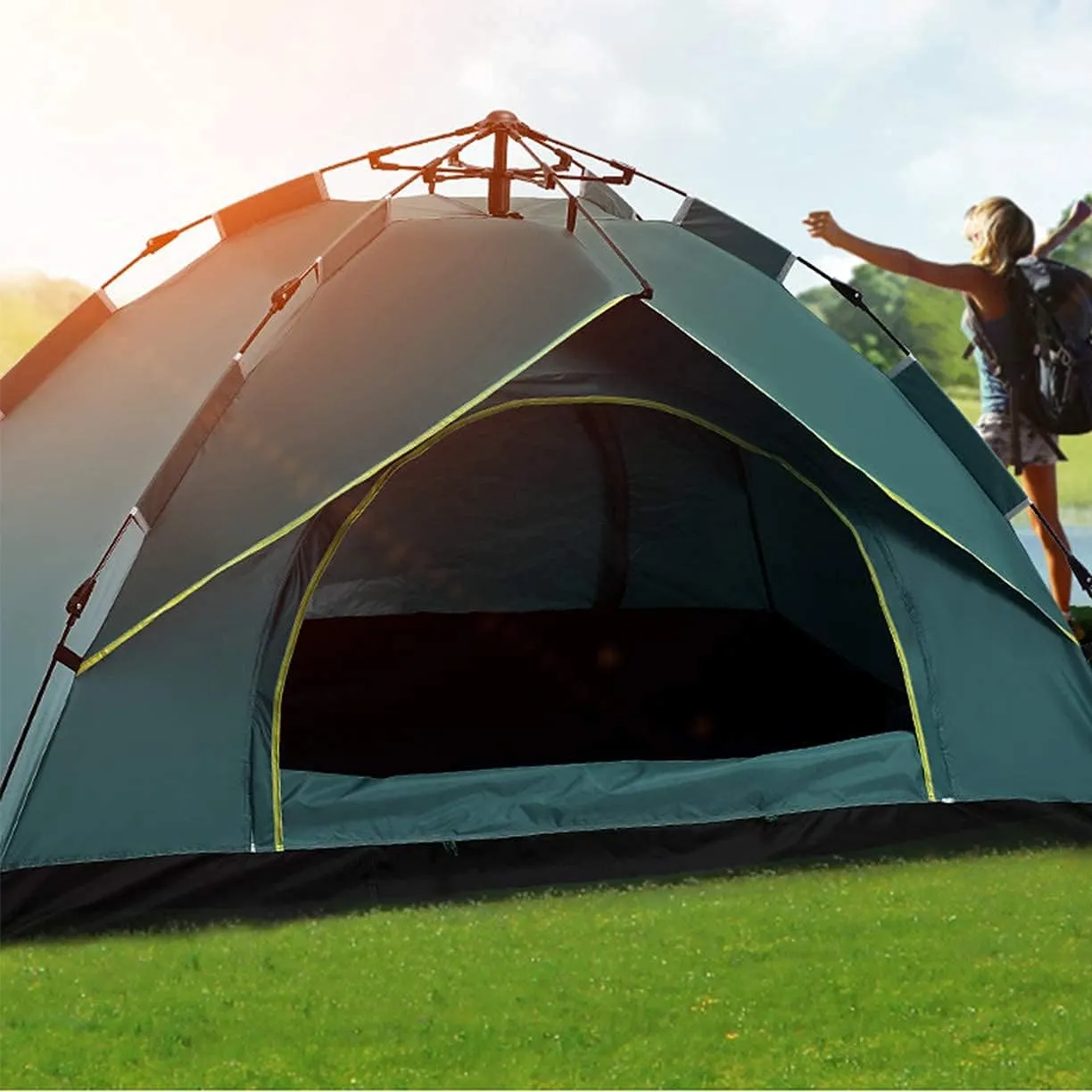 Automatic Pop Up Tent Family Camping Tent 2-3-4 Person Portable Tent Spring Type Fast Open Waterproof Windproof for Camping Hiking Mountaineering (Blue Width 1.5m) (Blue Width 1.5m)