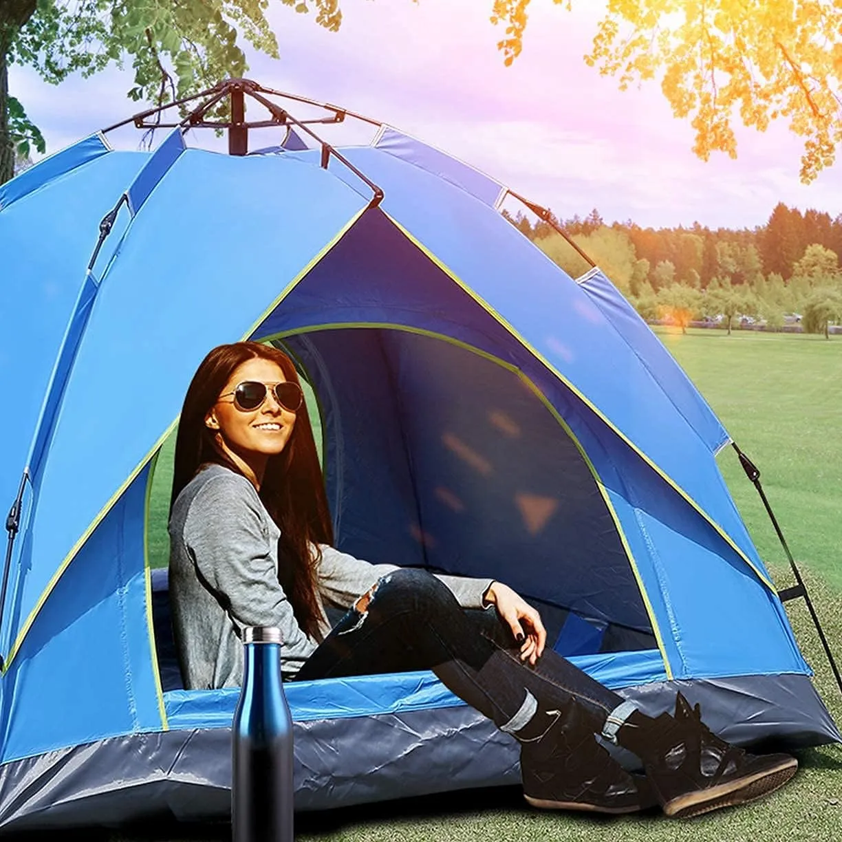 Automatic Pop Up Tent Family Camping Tent 2-3-4 Person Portable Tent Spring Type Fast Open Waterproof Windproof for Camping Hiking Mountaineering (Blue Width 1.5m) (Blue Width 1.5m)