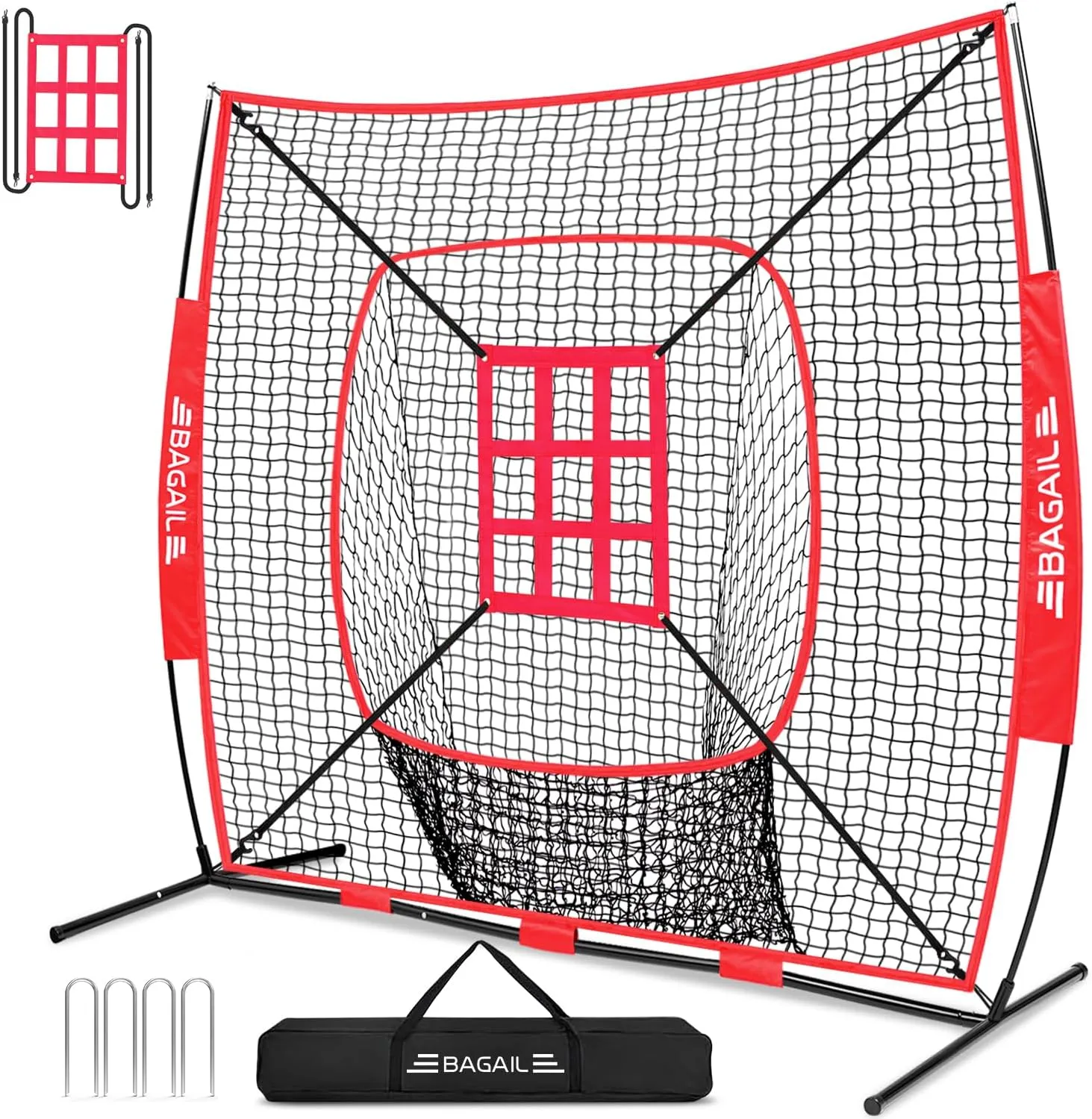 BAGAIL 7x7 ft Baseball & Softball Practice Net with Bow Frame for Batting, Hitting, Pitching, Portable Baseball Throwing Net with Strike Zone, Carry Bag, Baseball Training Aid for All Levels