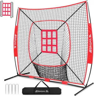 BAGAIL 7x7 ft Baseball & Softball Practice Net with Bow Frame for Batting, Hitting, Pitching, Portable Baseball Throwing Net with Strike Zone, Carry Bag, Baseball Training Aid for All Levels