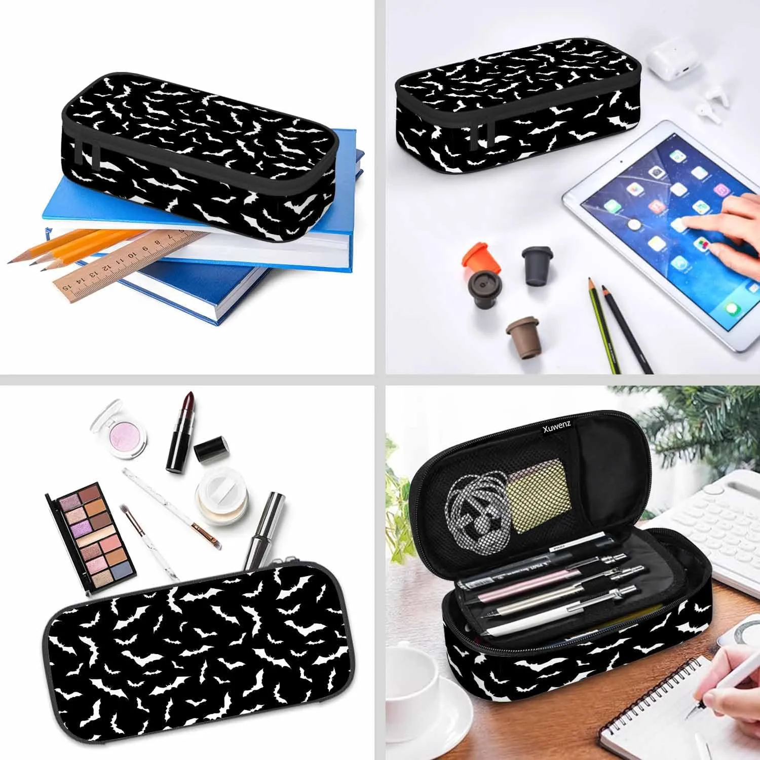 Bat Pencil Case Black Bats Halloween Flying Animal Pencil Bag Pen Markers Pouch Holder Organizer for Office Clerks