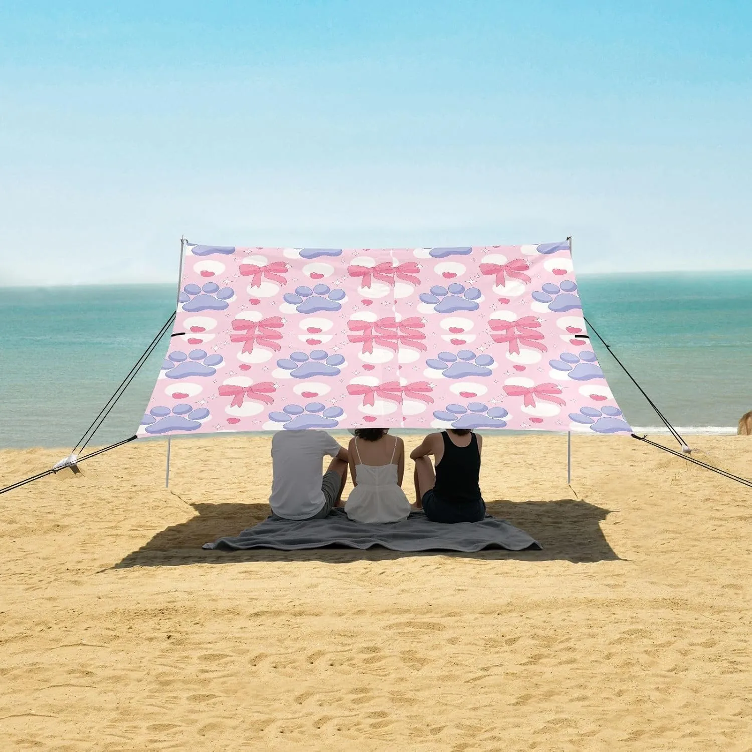 Beach Shade Tent with UPF50  UV Protection,Blue Dog Paw and Pink Bows Lightweight Camping Sun Shelter for Outdoor,Camping Trips, Fishing, Backyard,Picnics,Easy Set Up and Carry 9x10.5 FT