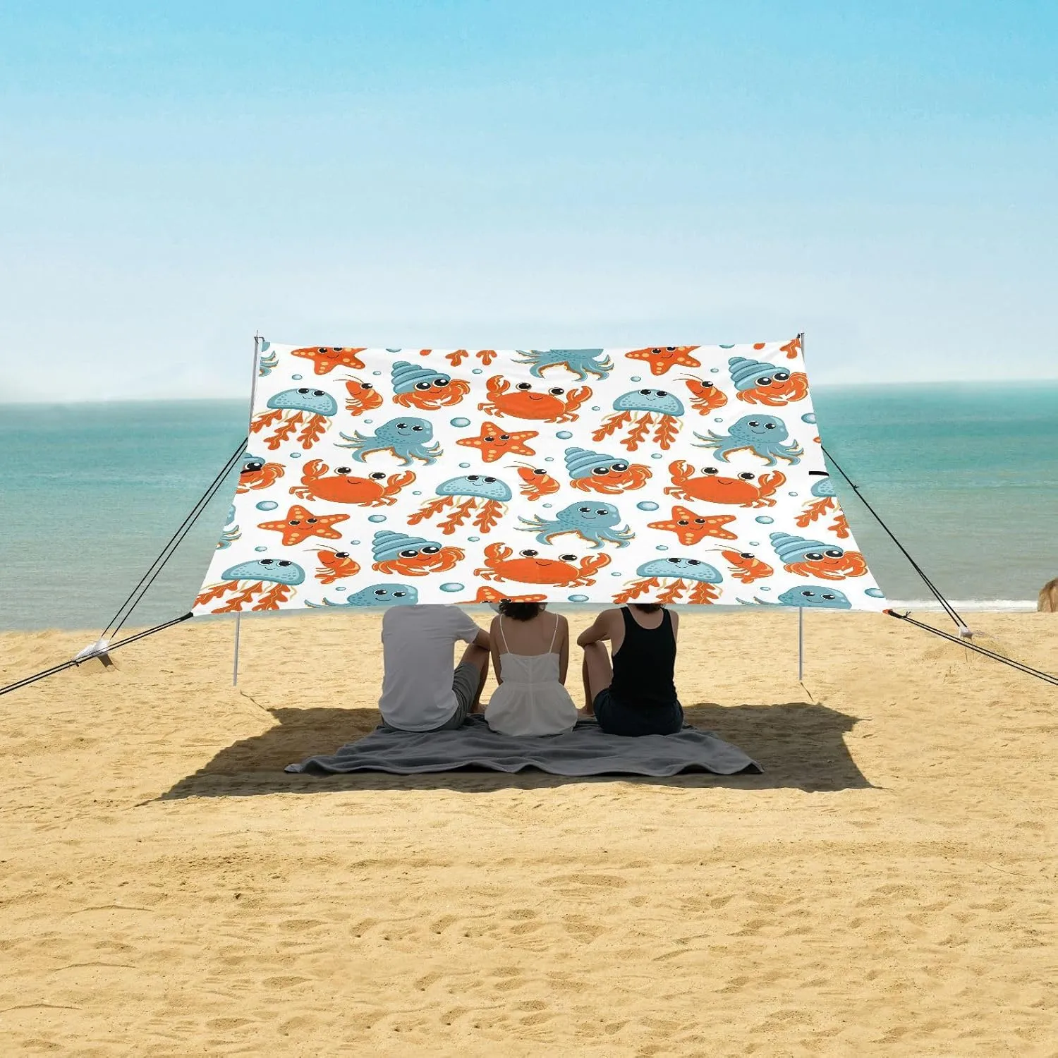 Beach Shade Tent with UPF50  UV Protection,Cartoon Hermit Crab Jellyfish Lightweight Camping Sun Shelter for Outdoor,Camping Trips, Fishing, Backyard,Picnics,Easy Set Up and Carry 9x10.5 FT