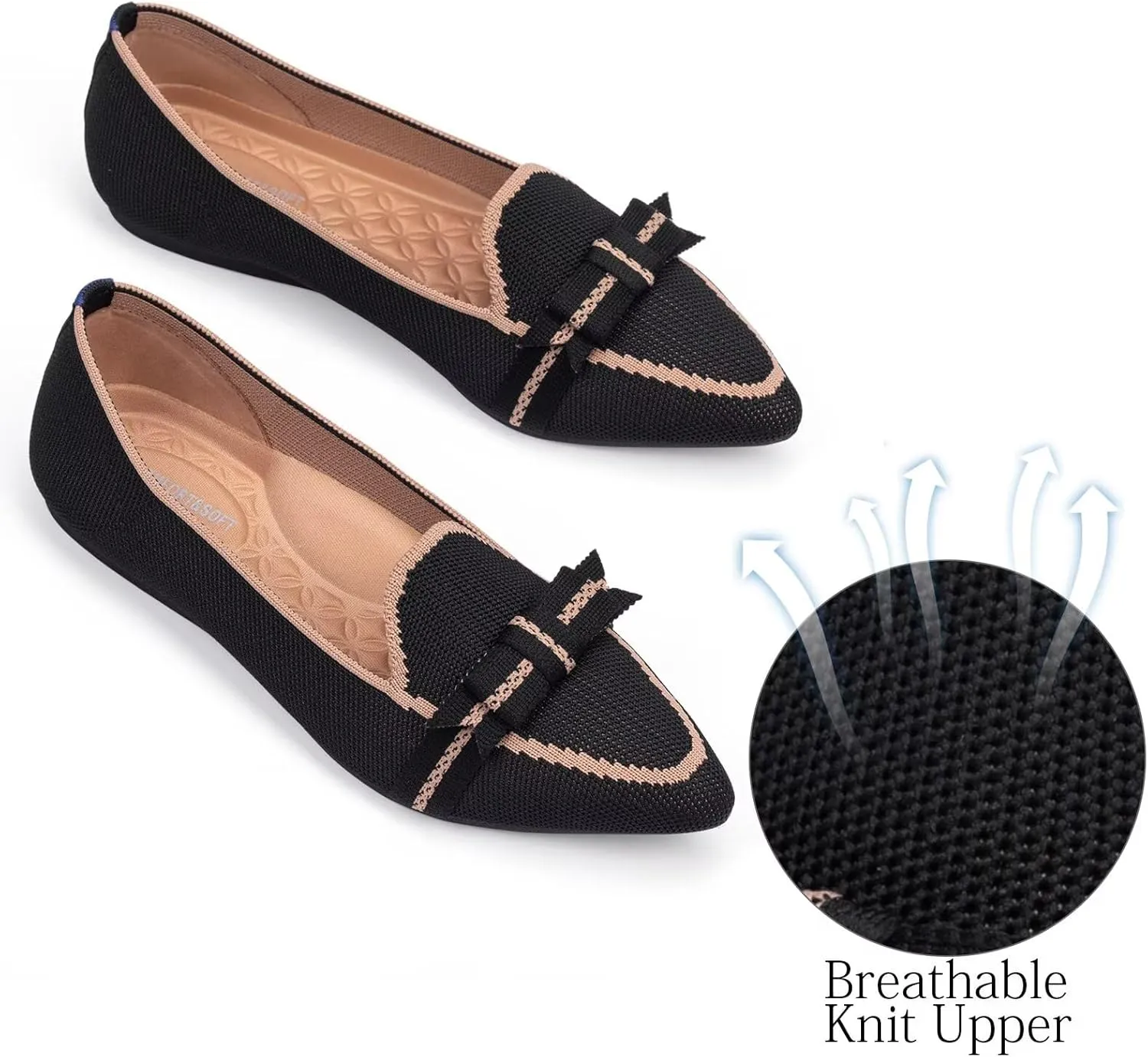 BEJINASH Women's Loafer Flats Casual Knit Fabric Lightweight Dressy Shoes Washable Elegant Pointed-Toe lace-up Bow Shoes Comfortable Ballet Shoes for Women Perfect for Daily