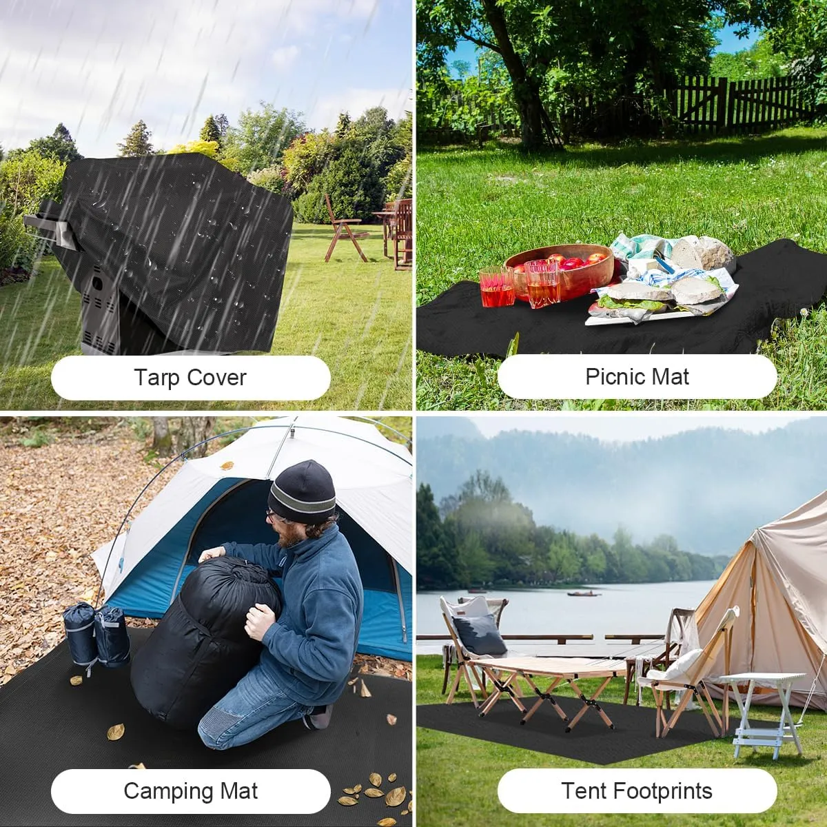 Black Waterproof Tarp Cover for Outdoor: Multi-Purpose Oxford Tarpaulin with Reinforced Webbing Loops for Camping Boat Pool Roof Tent - Durable and Tear Resistant (5ftx10ft)