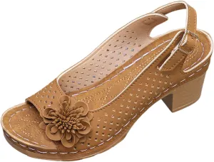 Block Heel Sandals for Women 2025 Open Toe Summer Casual Solid Color Hollow Out Floral Decor Slingback Chunky Cut-Out Party Dress Wedding Dance Comfort Dressy Fish Mouth Flowers Comfortable Shoes