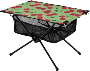 Bolaz Outdoor Folding Portable Picnic Camping Table-Sweet Red Rip Cherry Berries on Green,Storage Mesh for Camping Gear Accessories, Hiking, Mountaineering, Outdoor Travel