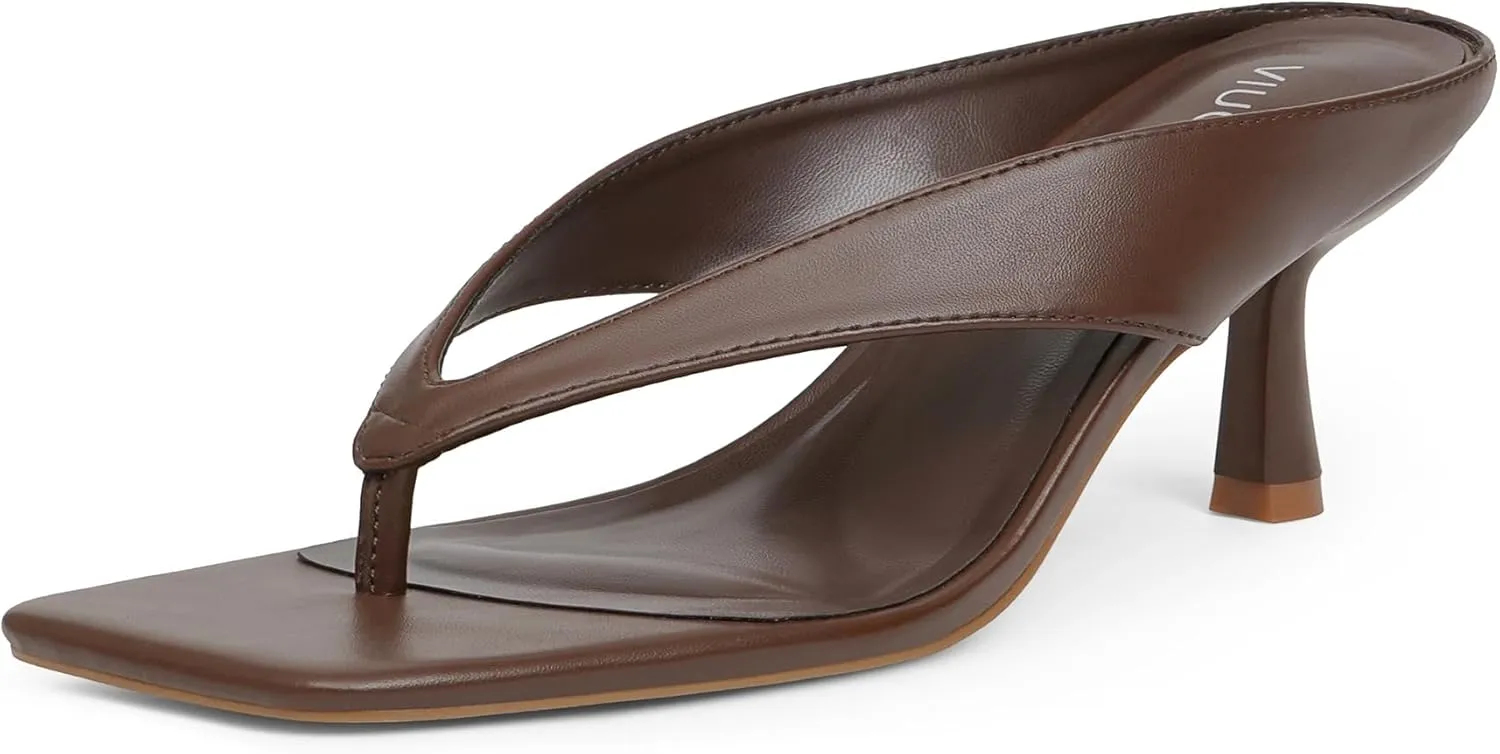 Brown Low Heels for Women Kitten Heels Slip On Flip Flops Open Toe Thong Heels Slide Summer Fashion Party Dress Heeled Sandals for Women 6