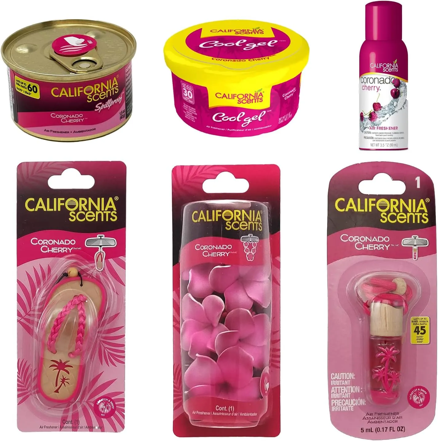 California Scents Coronado Cherry Scent Combo Kit: Best Car Air Freshener with Spillproof Can, Cool Gel, Aerosol Spray, Hanging Vial, Scented Necklace and Sandal Hanging Car Air Freshener