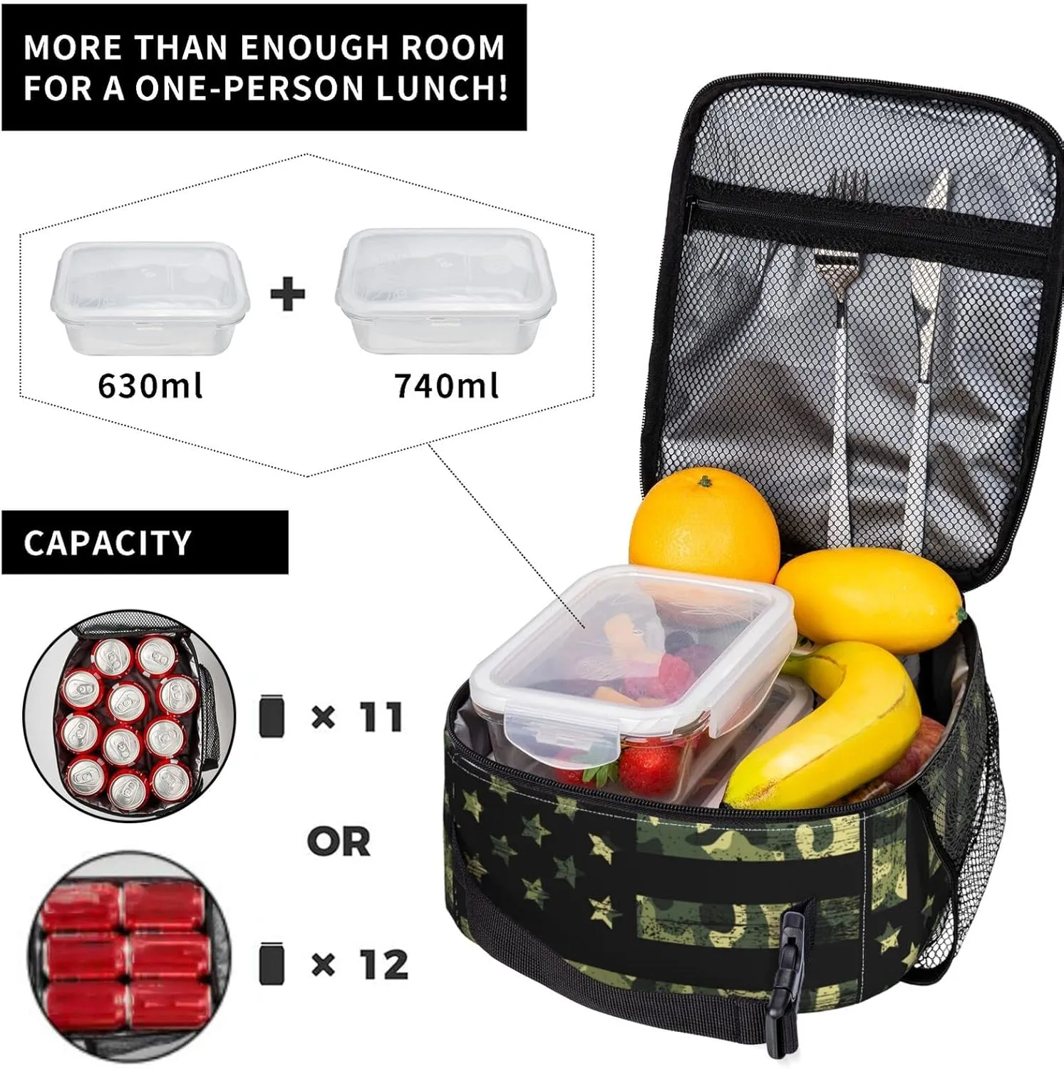 Camouflage American Flag Lunch Box - Camo Insulated Lunch Bags for Women/Men/Girls/Boys Detachable Handle Lunchbox Meal Tote Bag