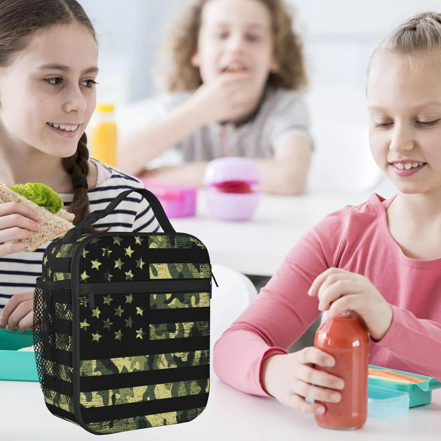 Camouflage American Flag Lunch Box - Camo Insulated Lunch Bags for Women/Men/Girls/Boys Detachable Handle Lunchbox Meal Tote Bag