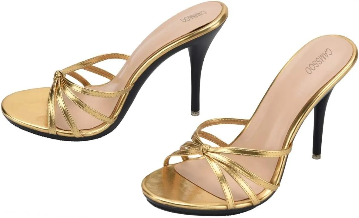 CAMSSOO Women's Strappy Heeled Sandals Stiletto Mules Open Toe Platform High Heels Slip on Sandals