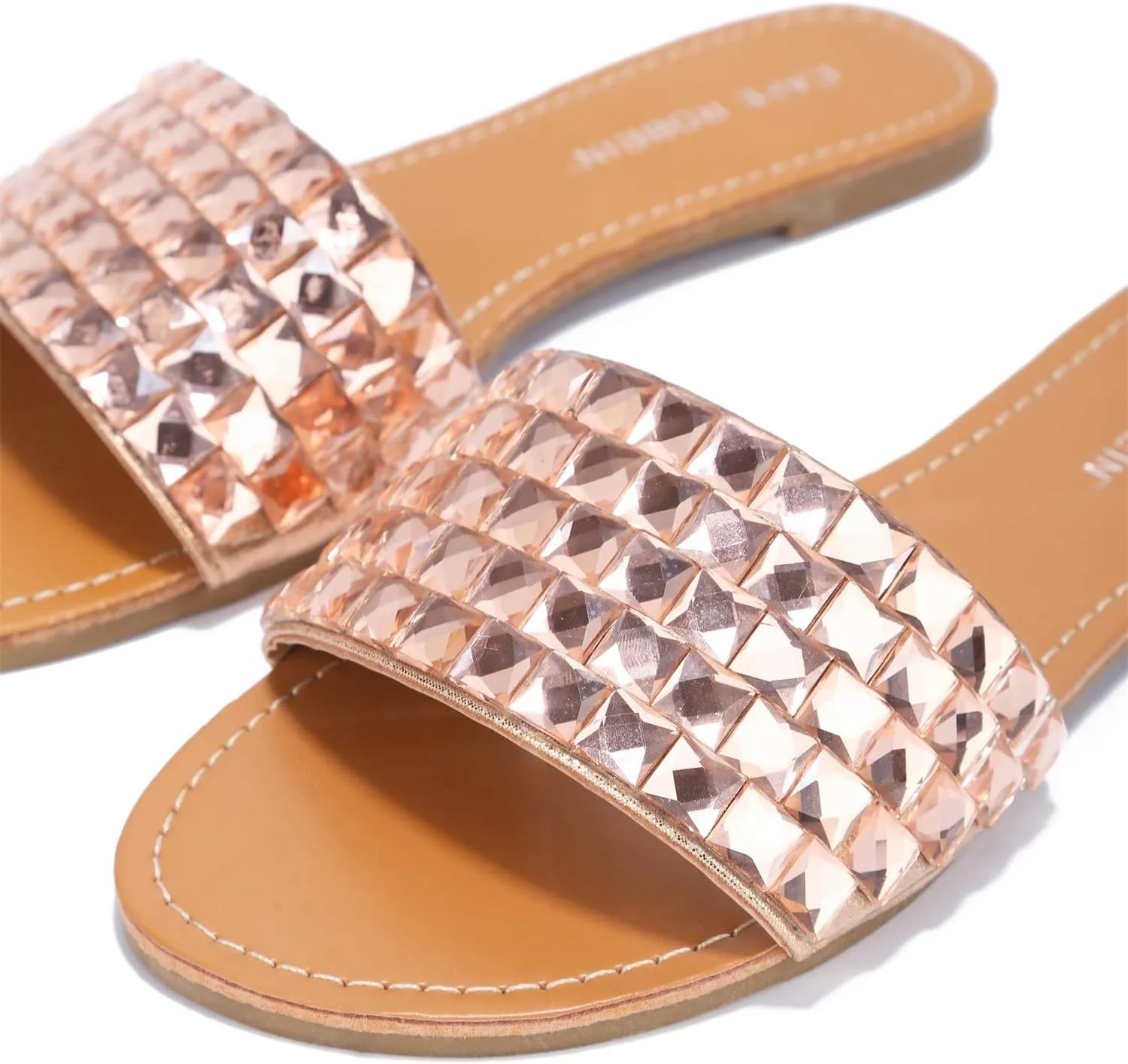 Cape Robbin Crystal Cove Faux Jewel Band Flat Slip ON Slide Sandal-Rosegold